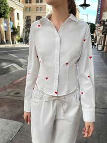 SHEIN EZwear Women's Casual Valentine's Day Shirt Heart Pattern Button Shirt Collar Long Sleeve Casual Shirt