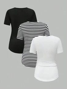 SHEIN 3pcs Maternity Striped Short Sleeve T-Shirt Set, Summer - Black and White - View 2