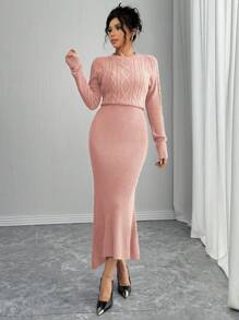 Chiquease Fashionable Fitted Round Neck Long Sleeve Cable Knit Fishtail Hem Brown Sweater Dress For Women, Autumn/Winter