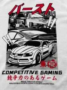 Set de 2 piezas de camiseta de manga corta holgada de cuello redondo y shorts de punto con estampado de coches, para niños preajolescentes, de uso versátil y cómodo, para vacaciones