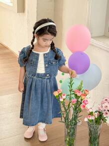 Young Girl Versatile Comfy Cute Bow Washed Soft Fashion Street Jean Jacket + Skirt Set, Lightweight For Summer - Medium Wash - View 3