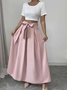 Chiquease Women's Elegant Bowknot High Waist Pleated Maxi A-Line Skirt, Suitable For Work - Pink - View 3