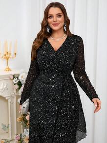 SHEIN Clasi Plus Size Women's Black Shiny V-Neck Elegant Hip Hugging Long Sleeved Dress, Spring/Summer Dresses For Women,Vacation Outfits Woman,Going Out Outfits,Valentine's Day,Summer Outfits For Women - Black - View 6
