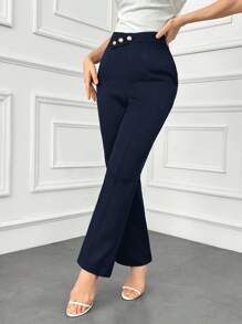 Modelyn Quần âu đơn sắc cài nút phía trước dành cho nữ, mặc hàng ngày vào mùa thu/đông - Màu xanh hải quân - Xem 6