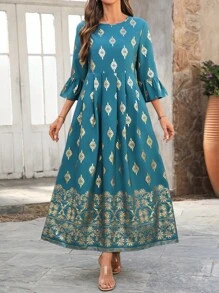 EMERY ROSE Women's Round Neck Printed Pleated Simple Casual Long Dress - Multicolor - View 5