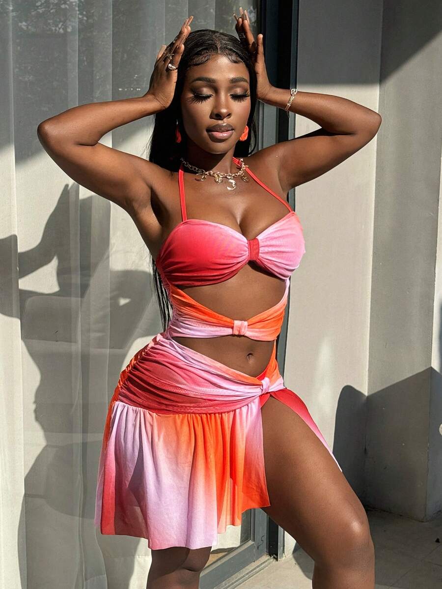 SHEIN Slayr Women's Halter Neck Hollow Out Ombre Swim Dress & Bottom, For Summer Beach Vacation - Multicolor - View 1