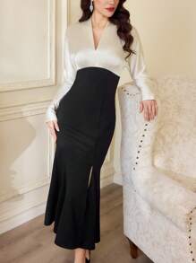 Vintamour 复古优雅 V 领长袖拼接黑白拼色缎面休闲鸡尾酒鱼尾连衣裙 - 黑與白 - 查看 4