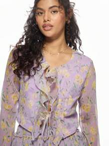 MISSGUIDED Floral Print Ruffle Two-Piece Set Chiffon Long Sleeve Mini Dress Spring Summer Party Festival Boho Co-Ord Set With Tie Details - Multicolor - View 3