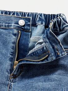 Tween Boy Fashionable Casual Washed Soft, Elastic Denim Shorts, Suitable For Street Style And Holiday, Lightweight, Summer - Medium Wash - View 4