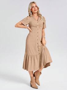 SHEIN LUNE Hollow Embroidered Button Dress With Ruffle Hem, Women Clothing,Western Wear Women,Bohemian - White - View 5