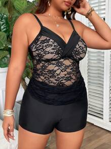 Swim Lushoire Plus Size Lace Backless Tankini Top, For Summer Beach Vacation - Black - View 5
