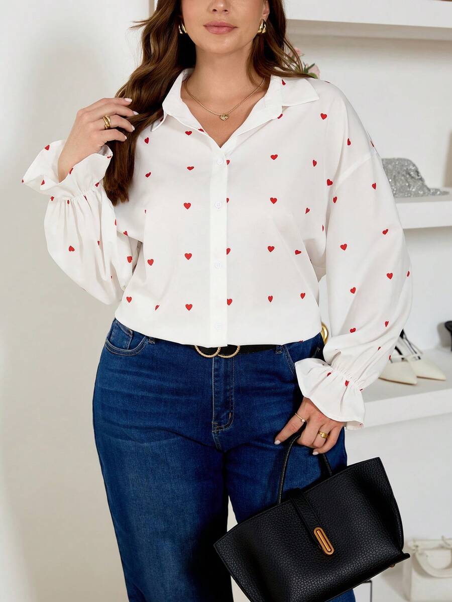 SHEIN Frenchy Plus Size Casual Office Heart Print Ruffle Sleeve Shirt - White - View 1