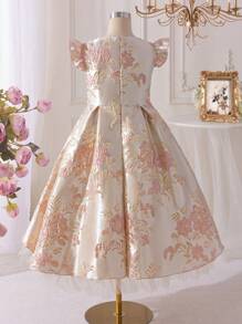 SHEIN Glamorique Kids Váy tay lửng jacquard thanh lịch cho bé gái tuổi mới lớn, phù hợp để mặc hàng ngày, dự tiệc, tụ tập, thể hiện sự duyên dáng và thanh lịch cho bé gái, váy tiệc trà mùa xuân/hè - Màu Đỏ Sâu - Xem 2