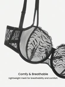 LUVLETTE Woman Lingerie Lounge Curve Push Up & Breathable Underwire Sexy Unlined Lace Elegance & Mesh Black Chic & Cozy Balconette Bra - Black - View 4