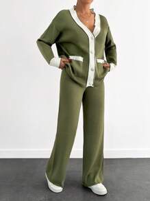SHEIN PETITE Ladies' Two Piece Set Of Colorblock Cardigan With Rolled Edge And Drop Shoulder & Pants With Button Fly