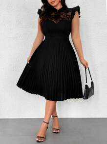 Elenzga 大码女式优雅浪漫撞色蕾丝立领盖袖 A 字形连衣裙 - 黑色 - 查看 1