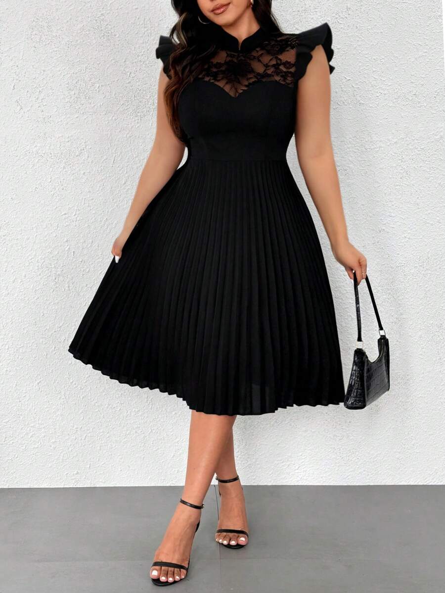 Elenzga 大码女式优雅浪漫撞色蕾丝立领盖袖 A 字形连衣裙 - 黑色 - 查看 1