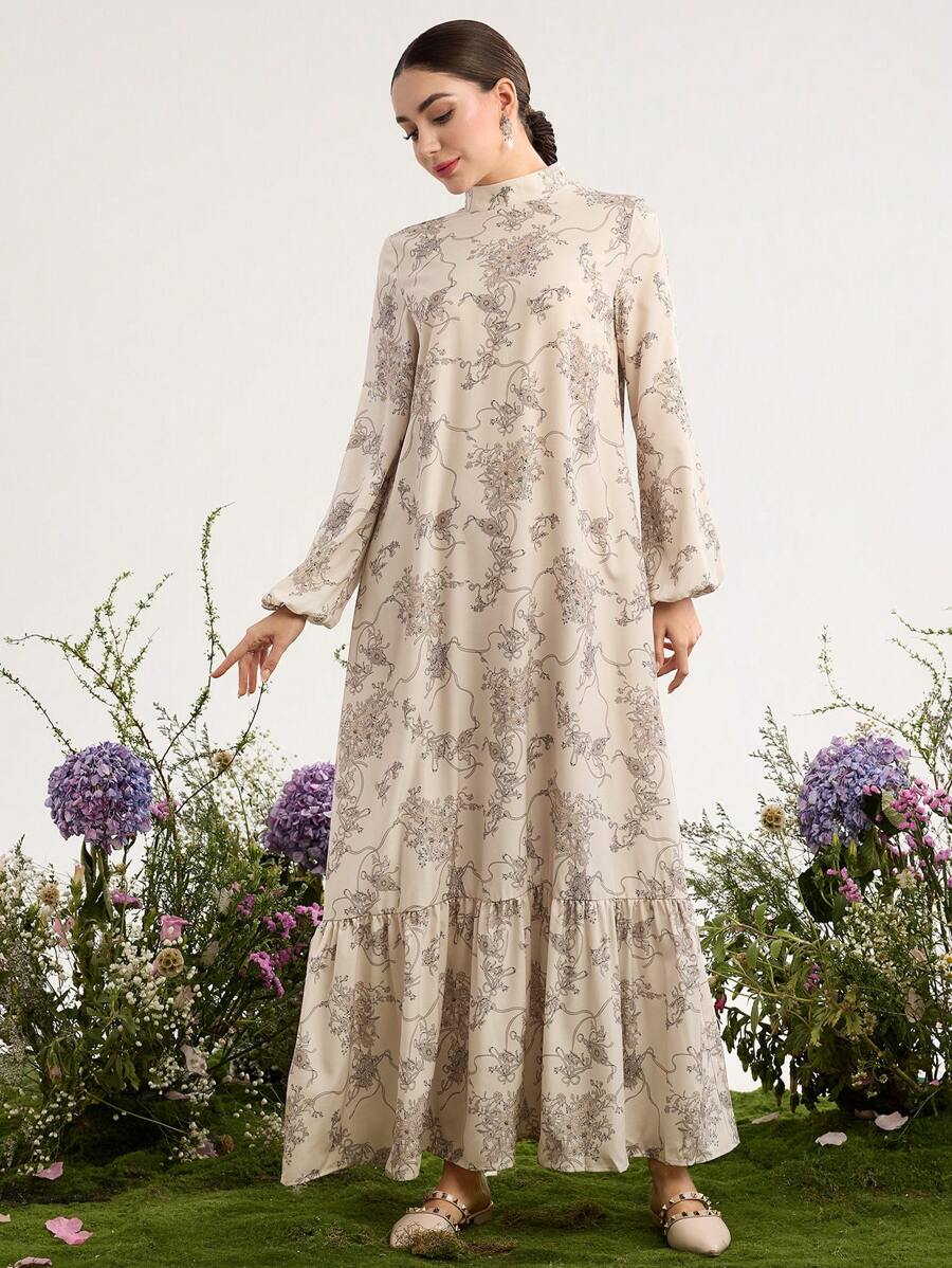 Graceveil Women's Loose Arabic Style Print Dress With Stand Collar,Modest - Khaki - View 1