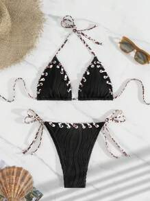 SHEIN Swim 女士夏季海滩系带吊带比基尼套装，带绳索细节，适合音乐节