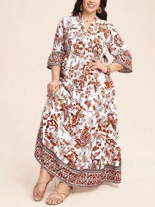 SHEIN LUNE Notched V-Neck Printed Long Dress Ramadan Summer/Spring Clothes - Multicolor - View 8
