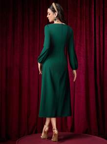 Modelyn 女士方领束腰拼布花卉中长连衣裙 - 綠色 - 查看 2