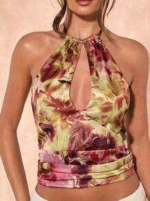 SHEIN BAE 女士扎染镂空性感挂脖衬衫