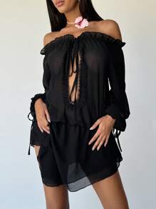 Aloruh Women's Spring And Summer Sexy Romantic Holiday Music Festival Ruffle Neckline One-Shoulder Straps Hollow Loose And Elegant Chiffon Pleated Asymmetric Hem Black Mini Dress