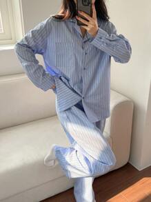 DAZY Conjunto de pijama de pantalón y top de manga larga holgado con rayas minimalista