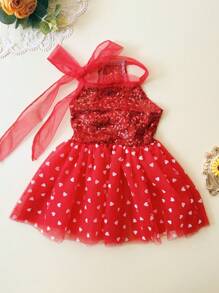 PETSIN 1 件宠物通用情人节红心亮片刺绣网眼蝴蝶结装饰连衣裙，华丽可爱的狗狗服装