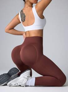 Slayform Mujeres Leggings de cintura alta de unicolor, sencillos y ceñidos sin costuras - Café integral - Ver 4
