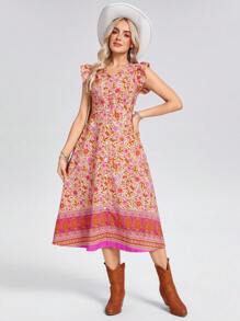 Wildy 夏季浪漫花卉印花前开长裙，乡村度假风格，荷叶边袖，粉色，适合情人节 - 粉色 - 查看 3