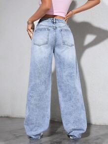 SHEIN PETITE Women's Front Button Pocket Ripped Casual Denim Jeans - Light Wash - View 2
