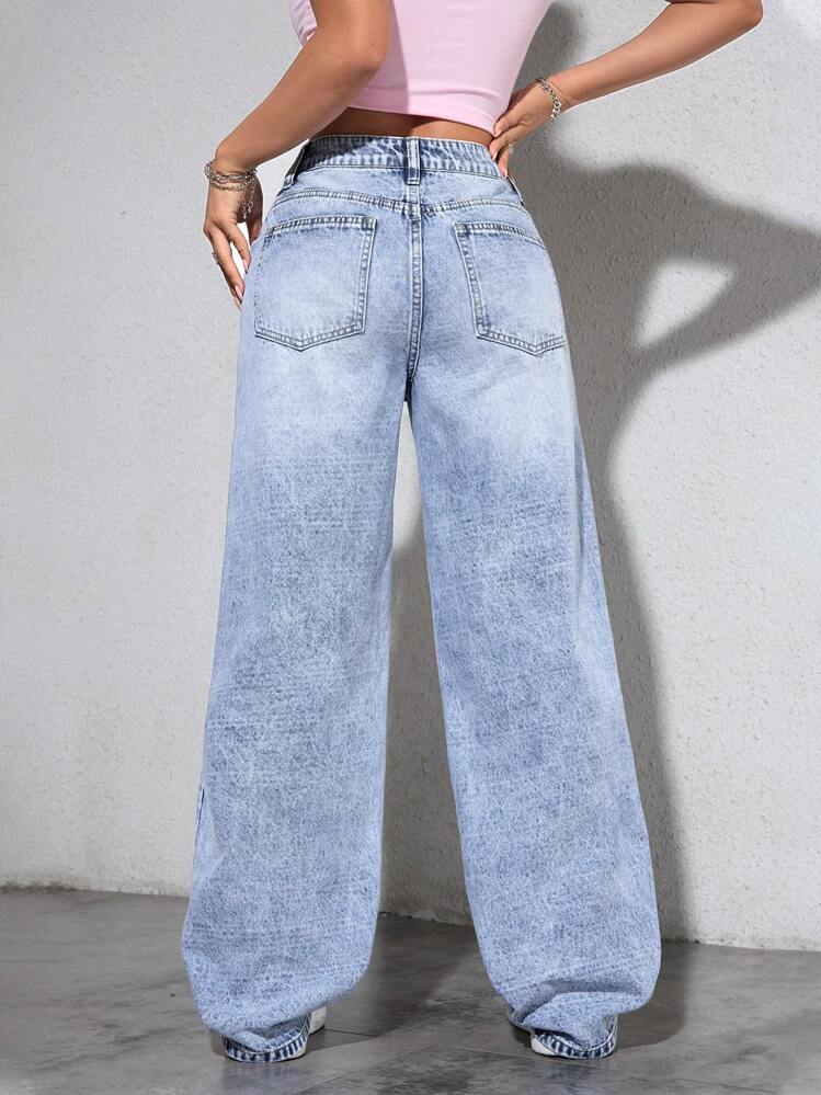 SHEIN PETITE 女式前扣口袋破洞休闲牛仔裤 - 淺色水洗藍 - 查看 2