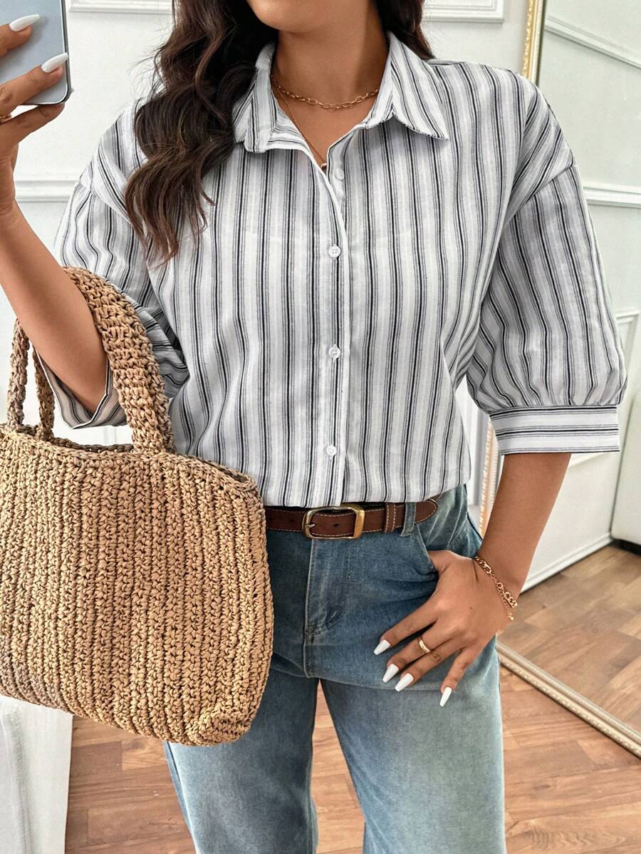 SHEIN Frenchy Plus Size Casual Loose Striped Shirt, Spring/Summer - Black and White - View 1