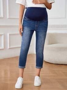 SHEIN 孕妇休闲七分裤，简约时尚孕妇牛仔裤，适合夏季日常穿着 - 深色水洗藍 - 查看 5