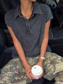 Muchica Camiseta polo de mujer de manga corta con botones delanteros, desgastada y lavada con ácido, de corte holgado - Negro - Ver 1