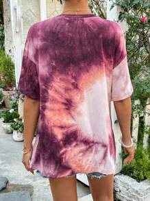 SHEIN Tie-Dye Oversized Maternity Round Neck Drop Shoulder Slogan T-Shirt Women Casual Tops Summer Clothes Women Tops Spring Clothes Women Tops T Shirts For Women - Multicolor - View 2