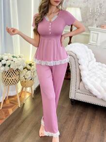 2pcs Set Women V-Neck Lace Sleepwear Set - Multicolor - View 1