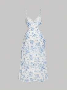 SHEIN MOD Plus Size Summer Blue & White Floral Sleeveless Midi Dress With Asymmetric Ruffle Hem, Elegant Dress - Blue and White - View 2