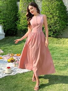 Modelyn Women's Solid Color Round Neck Sleeveless Front Button Simple Casual Dress - Pink - View 8