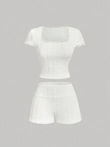 SHEIN MOD Women's Creamy Vacation Two Pieces Set:Short Sleeve Simple Top And Shorts,Casual,Valentine's Day,Spring,Summer,Fairycore,Tea Party Outfit,Brunch Outfits For Women,2000s Style,Tropical Vacation Woman Clothes,Cruise,Beach Vacation Outfits,Western Clothes For Women,Women Sets,Vacation Two Pieces Set