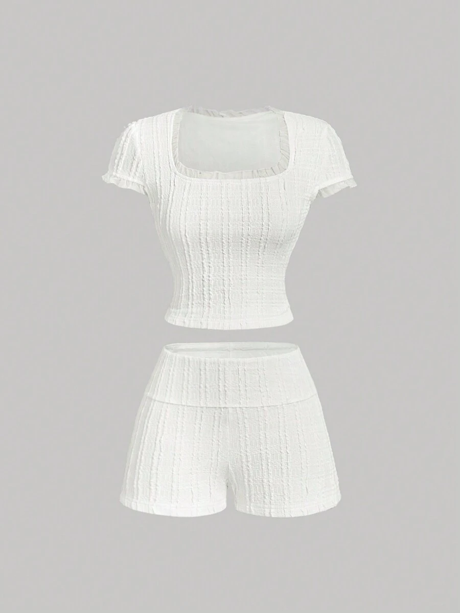 SHEIN MOD Women's Creamy Vacation Two Pieces Set:Short Sleeve Simple Top And Shorts,Casual,Valentine's Day,Spring,Summer,Fairycore,Tea Party Outfit,Brunch Outfits For Women,2000s Style,Tropical Vacation Woman Clothes,Cruise,Beach Vacation Outfits,Western Clothes For Women,Women Sets,Vacation Two Pieces Set