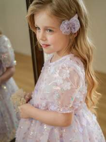 SHEIN 少女新品圆领短袖立体蝴蝶网纱收腰连衣裙适合正式场合穿着舒适时尚优雅甜美可爱如公主裙 - 彩色 - 查看 5