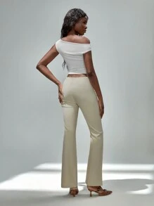 TRNVIE Women Spring/Summer Vintage Style Low Waist Fawn Color Metal Ring Buckle Elastic Comfortable Versatile Flare Pants Fall Cloth For Women - Apricot - View 2