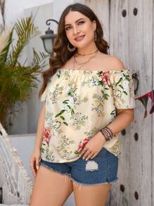 SHEIN VCAY Plus Size Off Shoulder Short Sleeve Floral Print Casual Shirt - Apricot - View 4