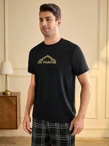 Manfinity Underwear&Sleepwear Basics 2pcs Men's Letter Print Short Sleeve Top And Shorts Pajama Set - Black - View 3