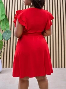 Slaydiva Plus Size Red Double Ruffle Wrap-Style Tied Side Waist Fit & Flare Summer Vacation Dress - Red - View 2