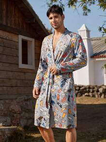 Men's Animal Print Long Sleeve Cardigan, Casual & Simple Loungewear Robe - Multicolor - View 7