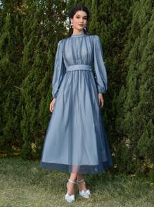 Modelyn 女士优雅珍珠装饰网眼长裙