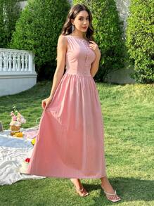Modelyn Women's Solid Color Round Neck Sleeveless Front Button Simple Casual Dress - Pink - View 4